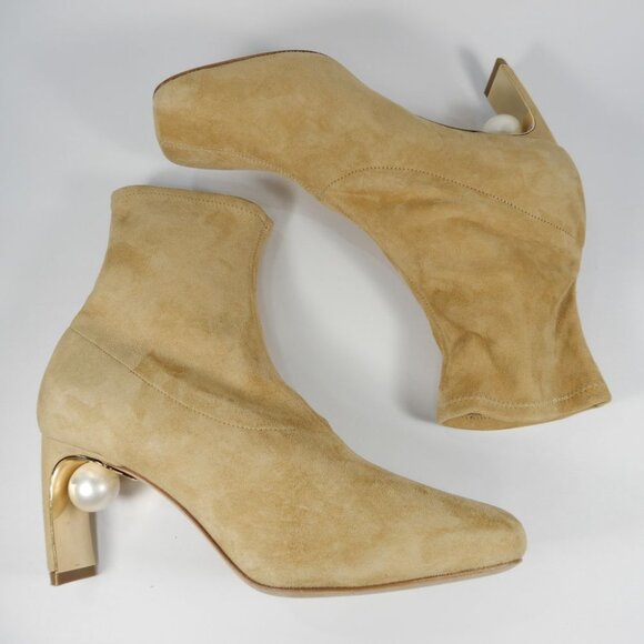 Nicholas Kirkwood Maeva Faux Pearl Stretch Booties 38 8 Curved Heel Suede $895 - Picture 8 of 15